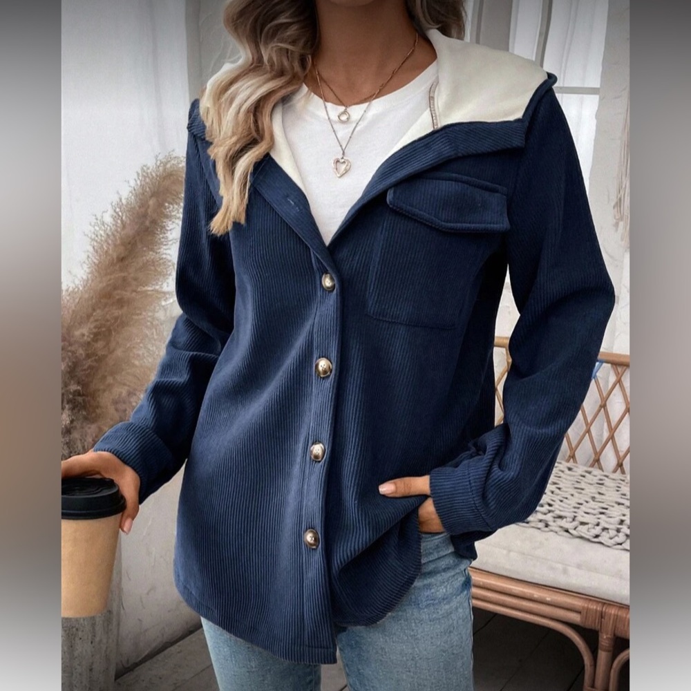 Navy Bkue Corduroy Teddy Lined Women's Jacket - Picture 3 of 7